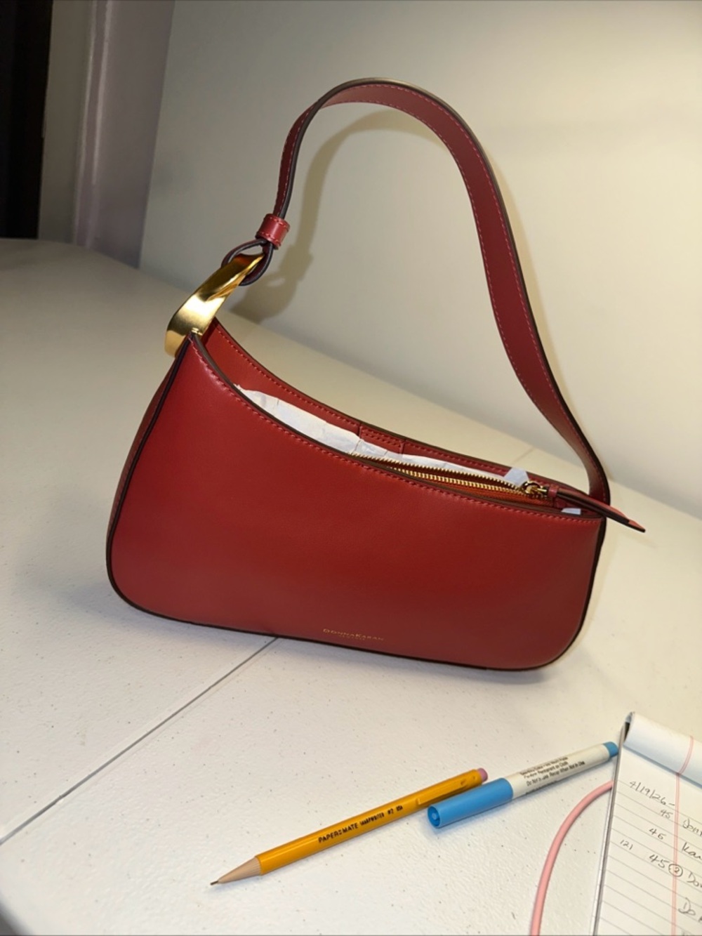 Donna Karan Brick Red Leather Baguette Shoulder Bag Gold Hardware - Picture 2 of 7